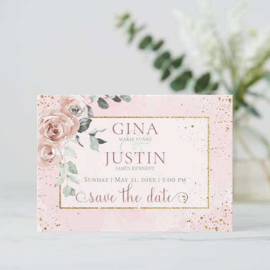 Blush Rozen & gouden accenten bruiloft Save The Date (Staand voorkant)