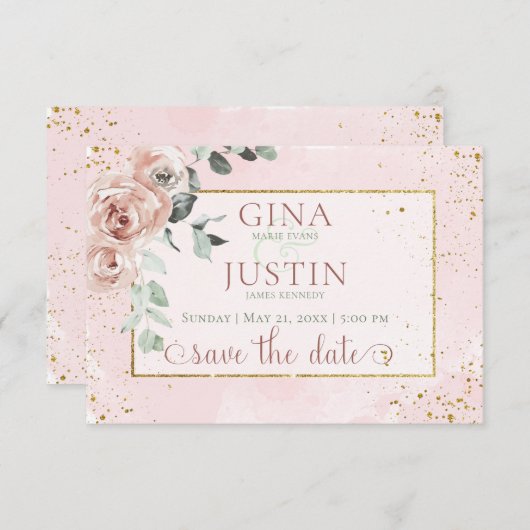 Blush Rozen & gouden accenten bruiloft Save The Date (Voorkant / Achterkant)