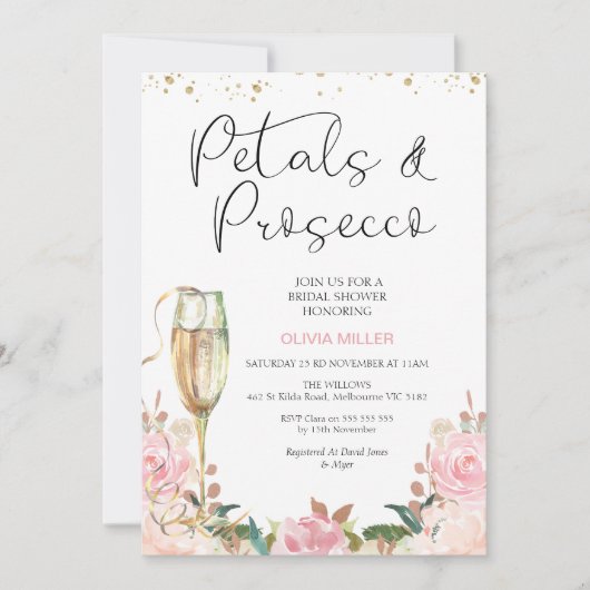 Blush Rozen gouden bloemblaadjes en Prosecco Vrijg Kaart (Voorkant)