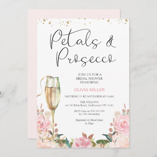 Blush Rozen gouden bloemblaadjes en Prosecco Vrijg Kaart (Voorkant / Achterkant)