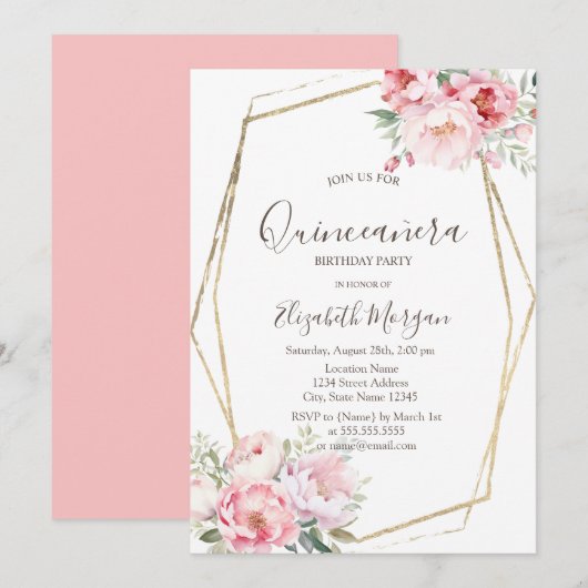Blush Rozen Gouden Frame Quinceañera Kaart (Voorkant / Achterkant)