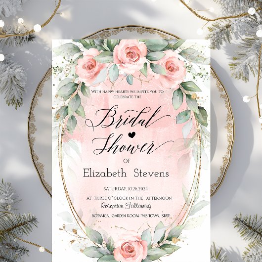 Blush Rozen Gouden Lijst Script Bruidsdouche Kaart