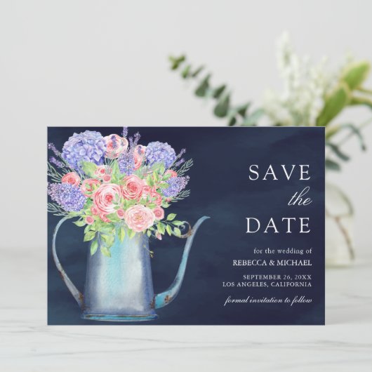 Blush Rozen Hydrangea Marine Blauw Huwelijk Save The Date (Staand voorkant)
