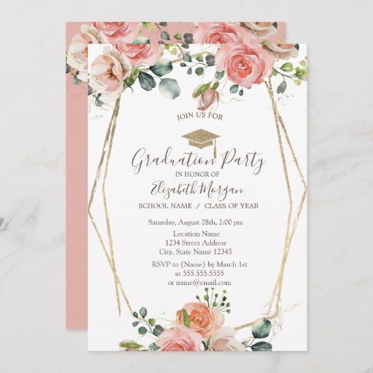 Blush Rozen Lijst, Afstudeerder Pet, Afstuderen Kaart (Voorkant / Achterkant)