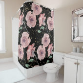 Blush Rozen met Gouden Sparkles op Zwart Douchegordijn (In situ)