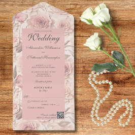 Blush Rozen met QR Code All In One Uitnodiging