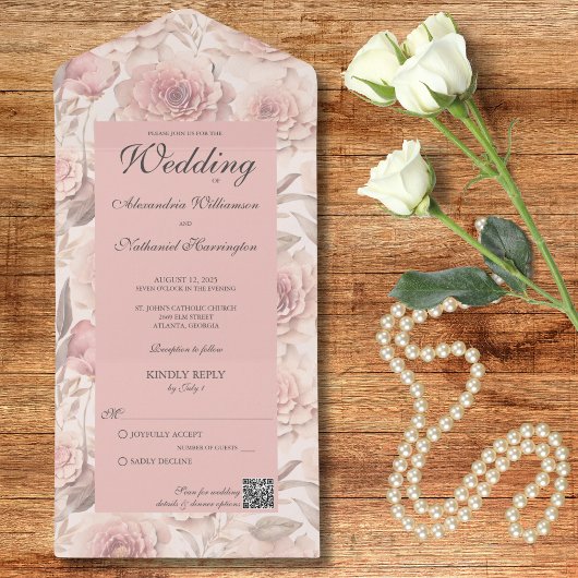 Blush Rozen met QR Code All In One Uitnodiging