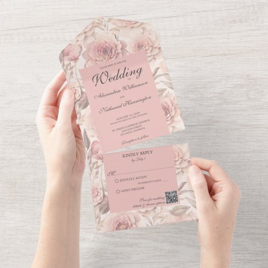 Blush Rozen met QR Code All In One Uitnodiging (Afscheurbaar)