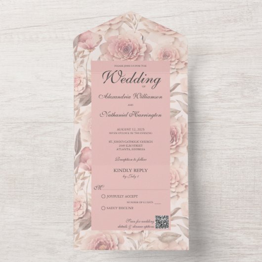 Blush Rozen met QR Code All In One Uitnodiging (Binnen)