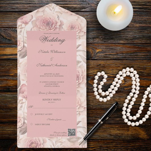 Blush Rozen met QR Code Alles In Een Uitnodiging