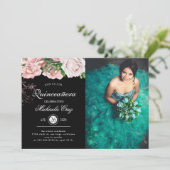  Blush Rozen op Black Quinceanera Kaart (Staand voorkant)