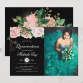  Blush Rozen op Black Quinceanera Kaart (Voorkant / Achterkant)