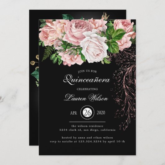  Blush Rozen op Black Quinceanera Kaart (Voorkant / Achterkant)