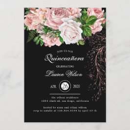  Blush Rozen op Black Quinceanera Kaart