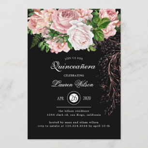  Blush-Rozen op Black Quinceanera Kaart