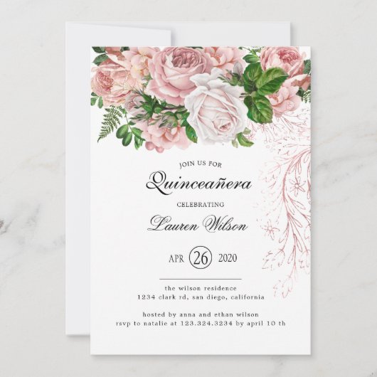  Blush Rozen op Witte Quinceanera Kaart (Voorkant)