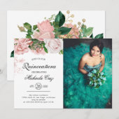  Blush Rozen op witte Quinceanera Kaart (Voorkant / Achterkant)