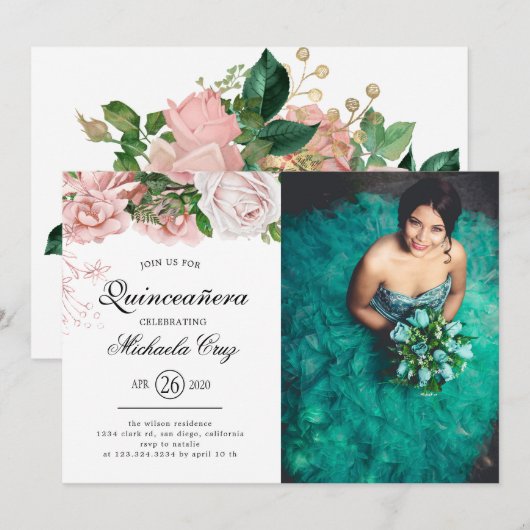  Blush Rozen op witte Quinceanera Kaart (Voorkant / Achterkant)