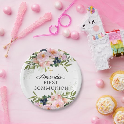 Blush Rozen & Peonies Communie Papieren Bordje (Feest)