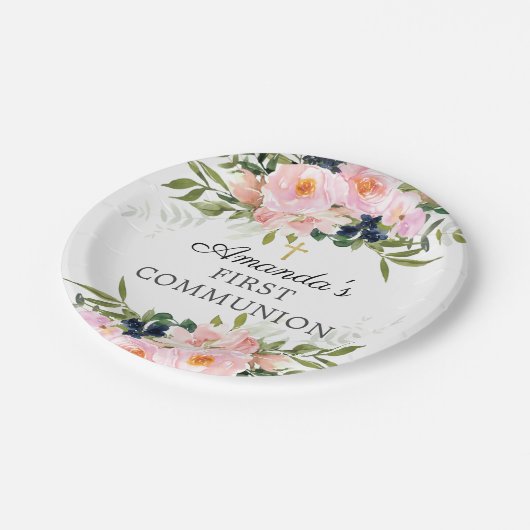 Blush Rozen & Peonies Communie Papieren Bordje (Gekanteld)