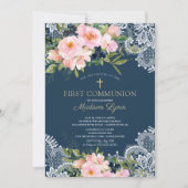 Blush Rozen & Peonies Lace First Commune Kaart (Voorkant)