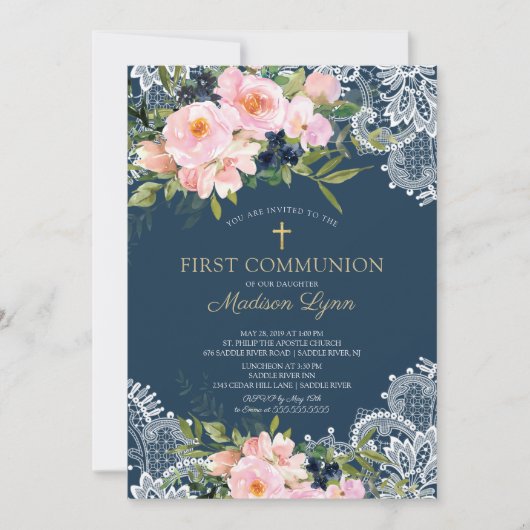 Blush Rozen & Peonies Lace First Commune Kaart (Voorkant)