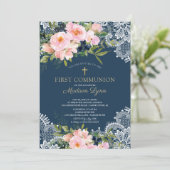 Blush Rozen & Peonies Lace First Commune Kaart (Staand voorkant)