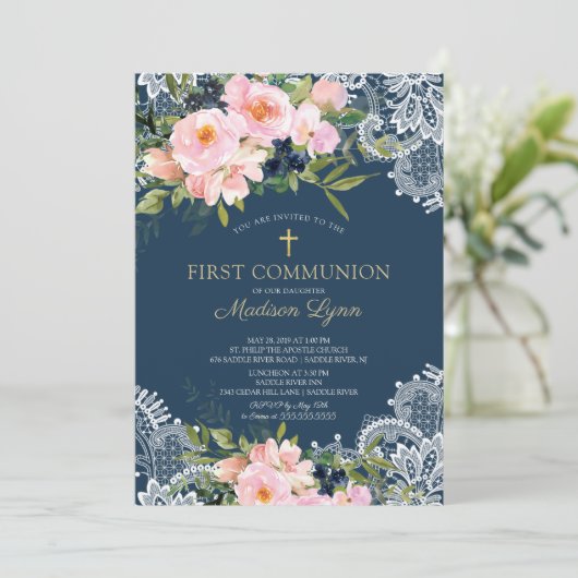 Blush Rozen & Peonies Lace First Commune Kaart (Staand voorkant)