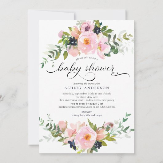 Blush Rozen & Pioenen Bloemen Baby shower Kaart (Voorkant)