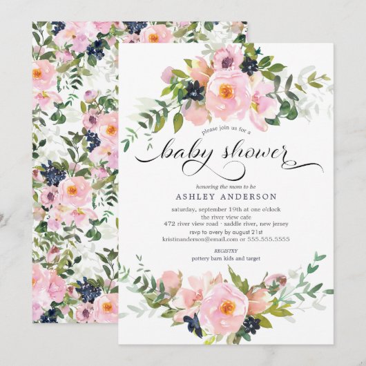 Blush Rozen & Pioenen Bloemen Baby shower Kaart (Voorkant / Achterkant)