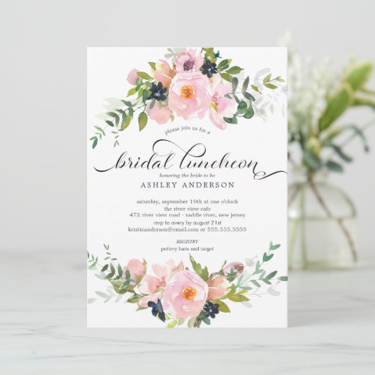 Blush Rozen & pioenen bruidslunch Kaart (Staand voorkant)