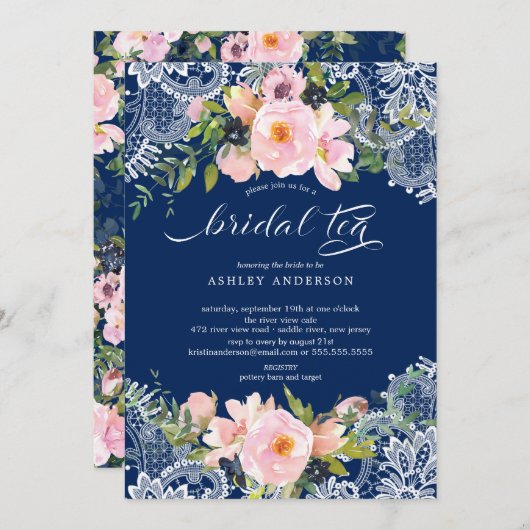 Blush Rozen & pioenen kantBruids Douche Bruids The Kaart (Voorkant / Achterkant)