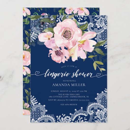 Blush Rozen & pioenen Lace Bruids Lingerie Douche Kaart (Voorkant / Achterkant)