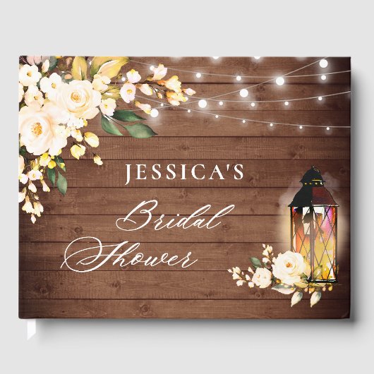 Blush Rozen Rustic Wood Lantaarn Vrijgezellenfeest Gastenboek (Voorkant)