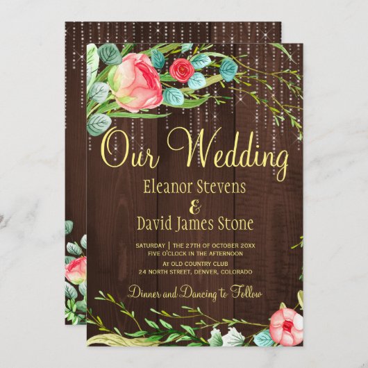 Blush rozen rustieke string lichten schuur houten  kaart (Voorkant / Achterkant)