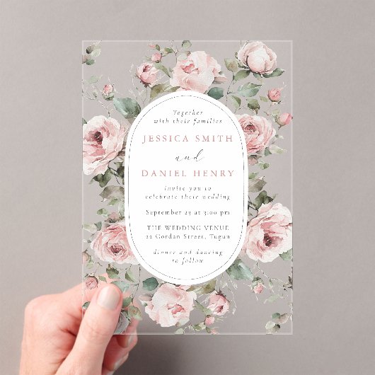 Blush Rozen & Salie Bloemen Lijst bruiloft Acryl Uitnodigingen (Insitu (Draagbaar))