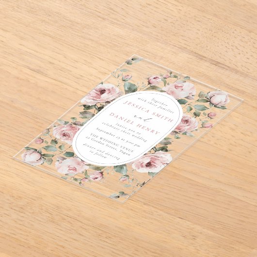 Blush Rozen & Salie Bloemen Lijst bruiloft Acryl Uitnodigingen (Laagn)