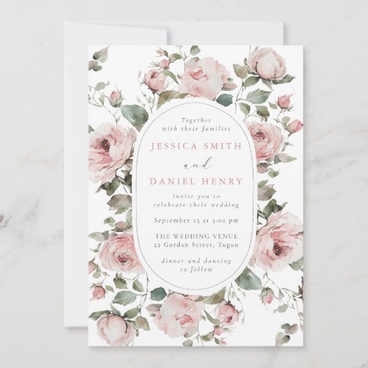 Blush Rozen & Salie Bloemen Lijst bruiloft Kaart (Voorkant)