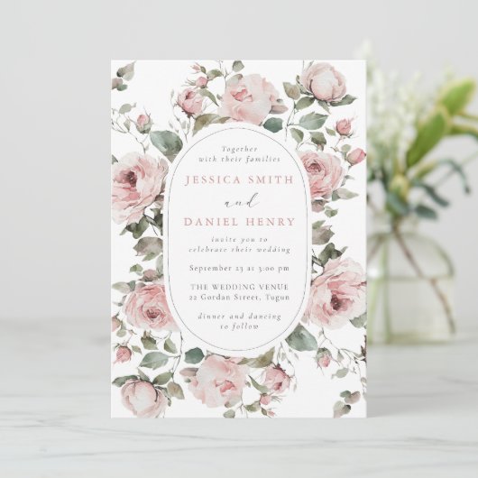 Blush Rozen & Salie Bloemen Lijst bruiloft Kaart (Staand voorkant)