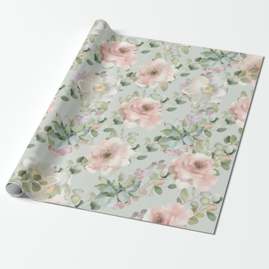 Blush Rozen Succulans Sage Eucalyptus Wedding Cadeaupapier (Uitgerold)
