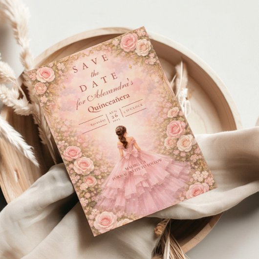 Blush Rozen Tuin Quinceañera Save The Date