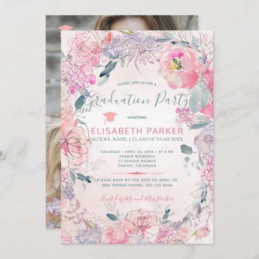 Blush rozen waterverf FOTO afstudeerfeest Kaart (Voorkant / Achterkant)