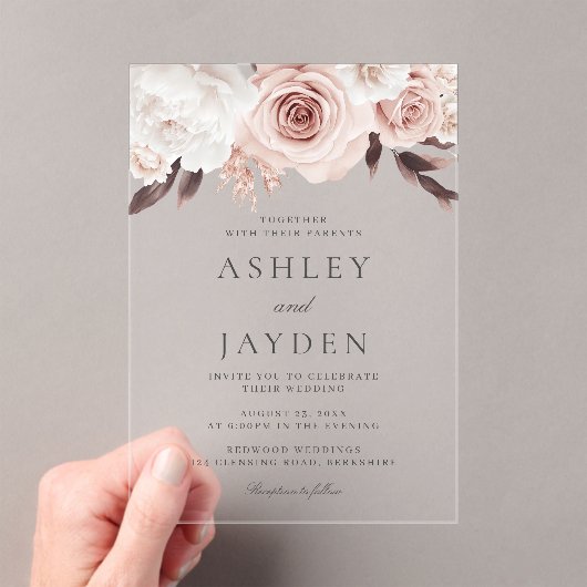 Blush Rozen & White Flowers Wedding Acryl Uitnodigingen (Insitu (Draagbaar))