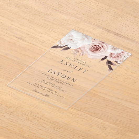 Blush Rozen & White Flowers Wedding Acryl Uitnodigingen (Laagn)