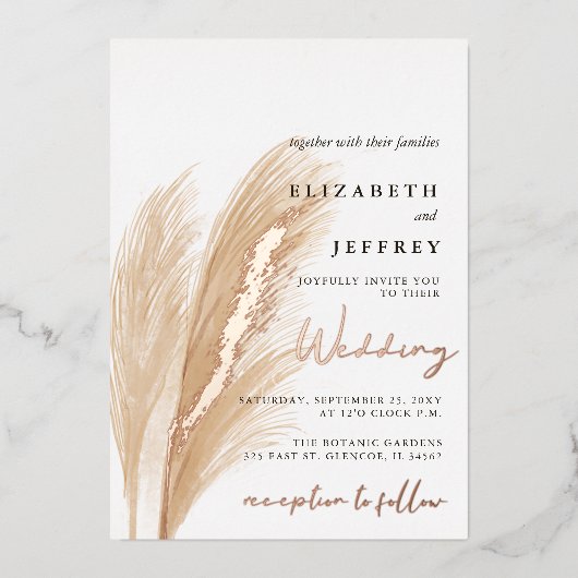 Blush Rustic Earthy Neutral Boho Pampas Wedding Folie Uitnodiging (Voorkant)
