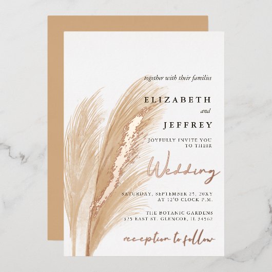 Blush Rustic Earthy Neutral Boho Pampas Wedding Folie Uitnodiging (Voorkant / Achterkant)