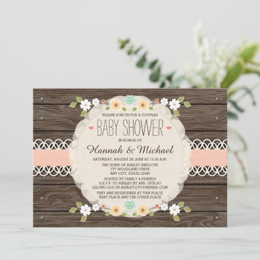 BLUSH RUSTIC FLORAL BOHO KOPPELT BABY SHOWER KAART (Staand voorkant)