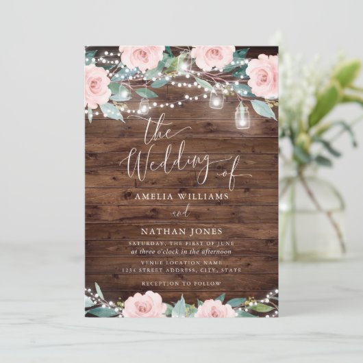 Blush Rustic Leaf String Lights Huwelijksuitnodigi Kaart (Staand voorkant)