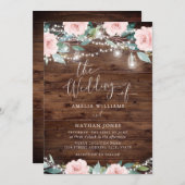 Blush Rustic Leaf String Lights Huwelijksuitnodigi Kaart (Voorkant / Achterkant)