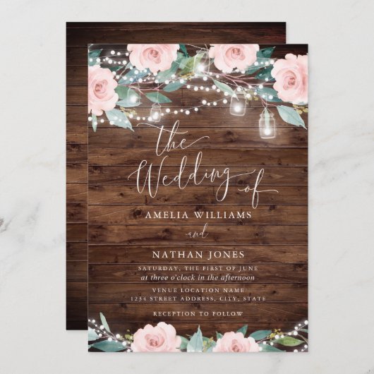 Blush Rustic Leaf String Lights Huwelijksuitnodigi Kaart (Voorkant / Achterkant)